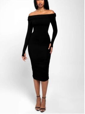 NWT TA3 Shapey Off Shoulder Ruched Black Midi Dress Corset Back Long Sleeve S